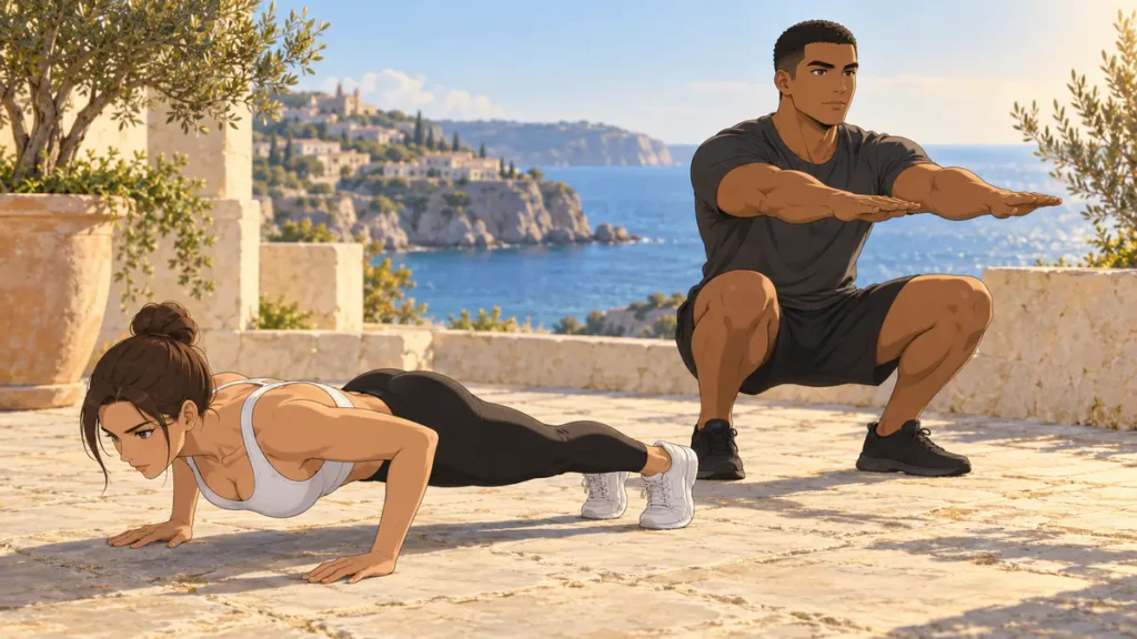 callisthénie 3 | WO-Calisthenics Léa en pompe et Sami en squat : le poids du corps comme seule charge