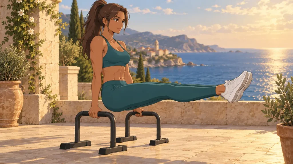 callisthénie 7 | WO-Calisthenics Naïa en L-sit sur parallettes, jambes tendues à l'horizontale