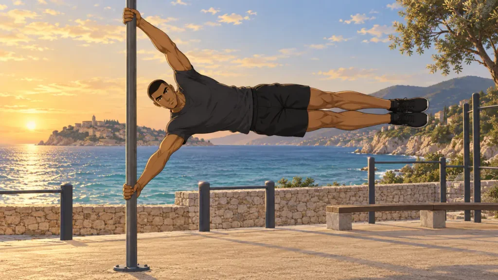 callisthénie 4 | WO-Calisthenics Sami en drapeau humain sur un poteau de street workout
