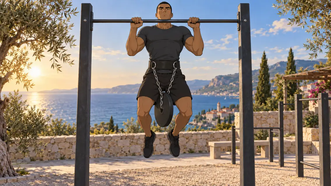 callisthénie 10 | WO-Calisthenics Sami en traction lestée avec une ceinture de lest