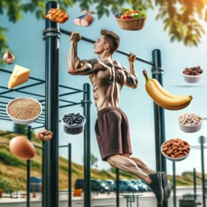 muscle up 10 | WO-Calisthenics Traction à la barre entourée d'aliments riches en protéines : l'alimentation qui soutient le muscle-up