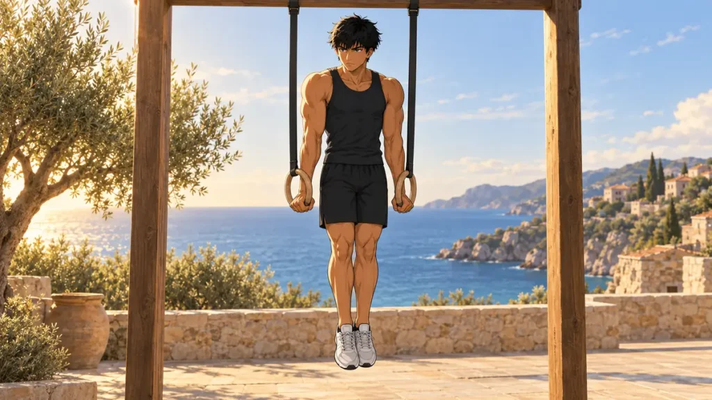 muscle up 21 | WO-Calisthenics Kaï en haut d'un muscle-up aux anneaux, bras tendus