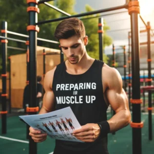 muscle up 9 | WO-Calisthenics Athlète qui lit son programme d'entraînement muscle-up dans un parc de street workout