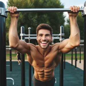 muscle up 13 | WO-Calisthenics Athlète souriant suspendu à la barre fixe après son premier muscle-up