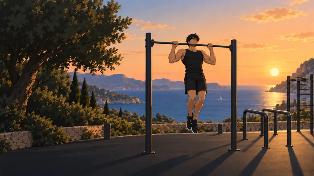 Un parc de street workout au bord de la mer, Kaï en traction au portique