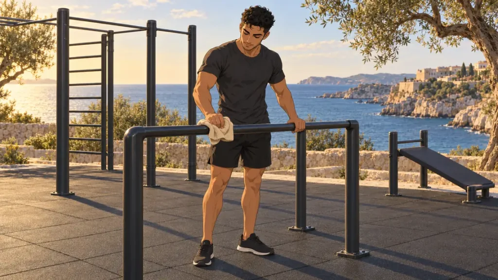 parc street workout 2 | WO-Calisthenics Sami entretient les barres d'un parc de street workout