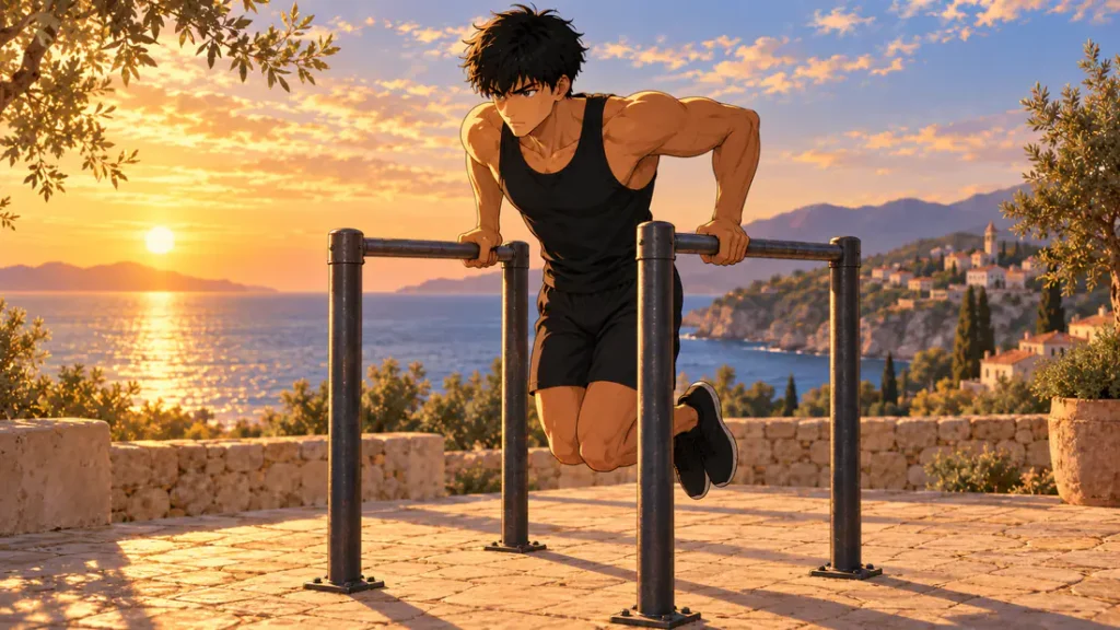 Kaï en dips aux barres parallèles, jambes fléchies, face à la mer