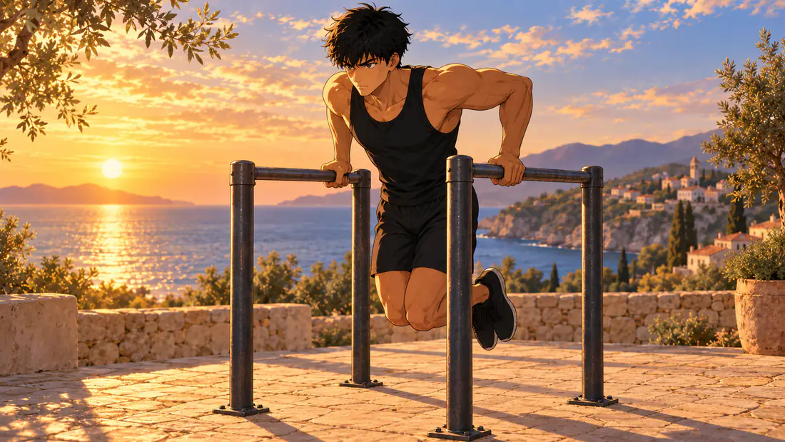 programme street workout 4 | WO-Calisthenics Kaï en dips aux barres parallèles, jambes fléchies, face à la mer