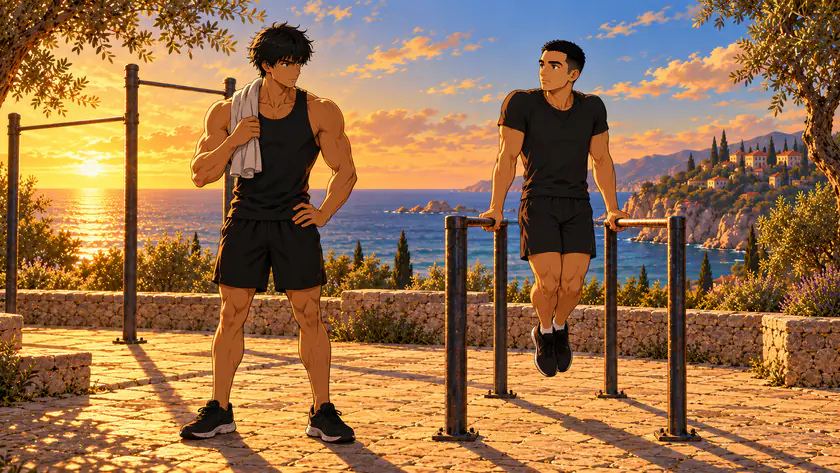 programme street workout 2 | WO-Calisthenics Kaï et Sami en fin de séance dans un parc de street workout au bord de la mer