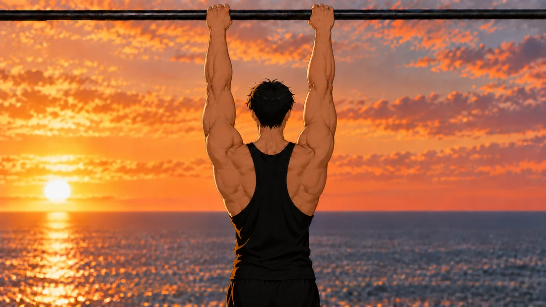 Kaï vu de dos en position haute de la traction scapulaire : bras tendus et musclés, épaules abaissées loin des oreilles, omoplates rapprochées, grand dorsal contracté