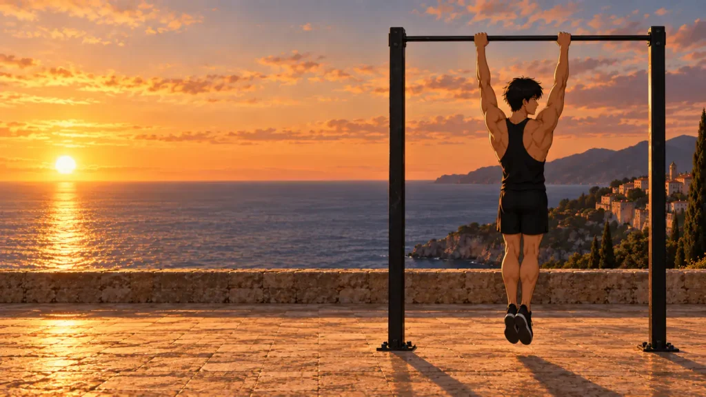 Kaï en traction scapulaire à la barre fixe d'un parc face à la mer, bras tendus, épaules abaissées loin des oreilles