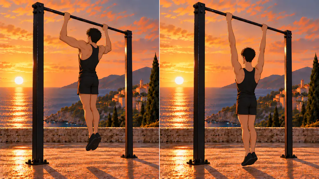 Sami à la barre fixe vu de trois quarts dos : à gauche coudes pliés en mini-traction, à droite bras tendus et épaules abaissées