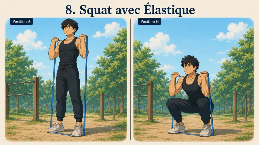 exercices avec élastique 11 | WO-Calisthenics Kaï fait un squat avec une bande élastique sous les pieds, en bas puis relevé