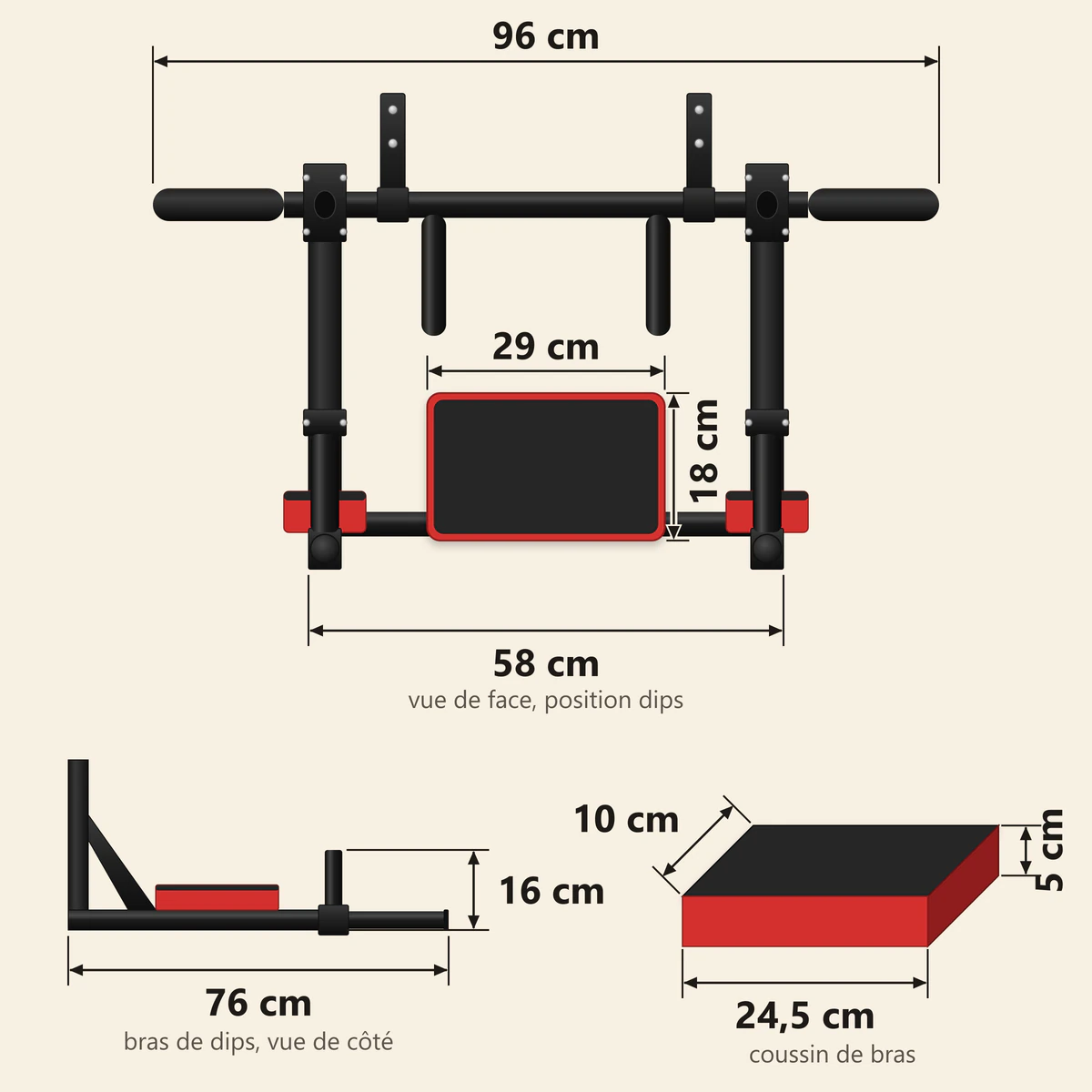 barre de traction murale avec dips 2 | WO-Calisthenics Schéma coté de la station murale traction et dips 2-en-1 : barre de 96 cm, 58 cm entre les bras, bras de dips de 76 cm, coussin dorsal 29 × 18 cm, coussins de bras 24,5 × 10 × 5 cm, poignées de dips de 16 cm