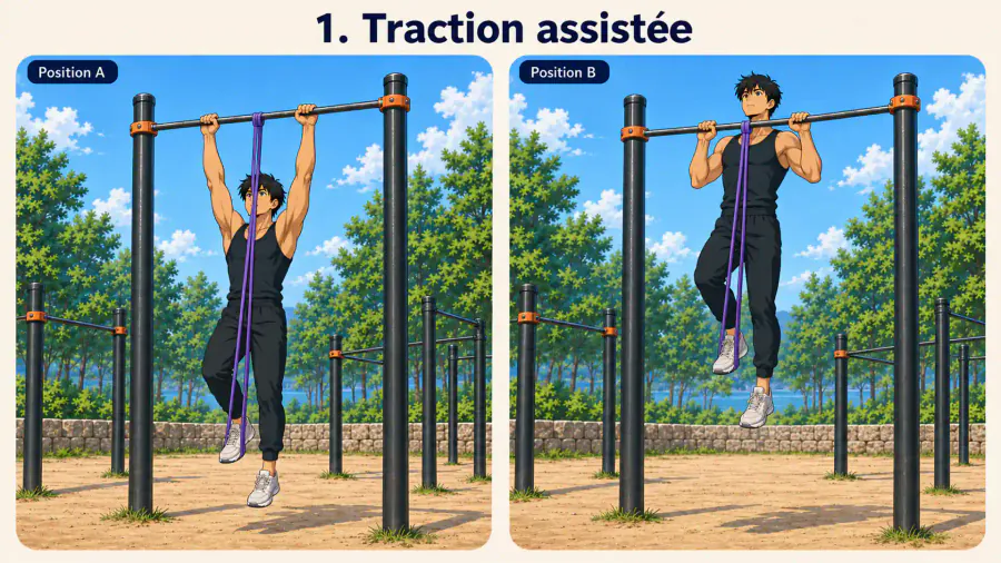 exercices avec élastique 4 | WO-Calisthenics Kaï en traction assistée par une bande élastique : suspension bras tendus puis position haute, sans appui des pieds au sol.