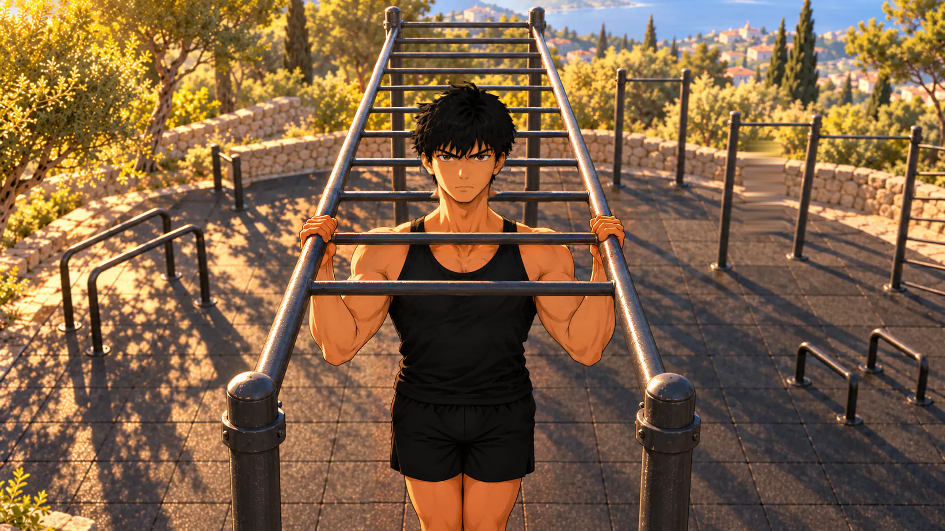 Kaï au sommet d'une traction prise neutre sous une échelle horizontale de street workout : une main sur chaque montant, paumes face à face, menton au-dessus des mains