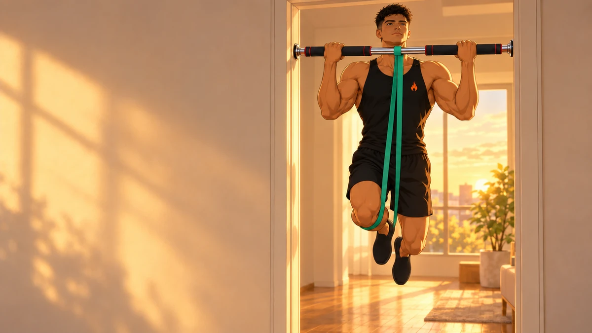 Kaï en haut d'une traction en pronation assistée par un élastique passé sous un genou, à une barre de traction de porte télescopique calée dans l'encadrement d'un appartement